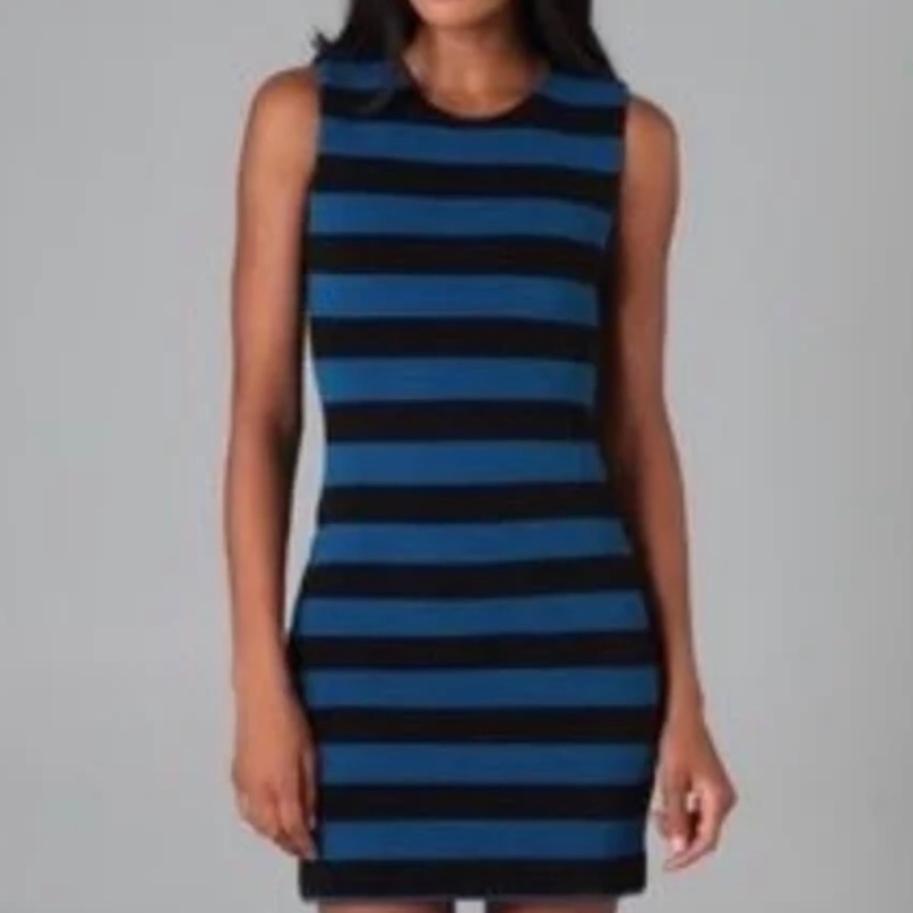 DVF Striped Blue and Black Ribbed Pencil Dress Sz 12